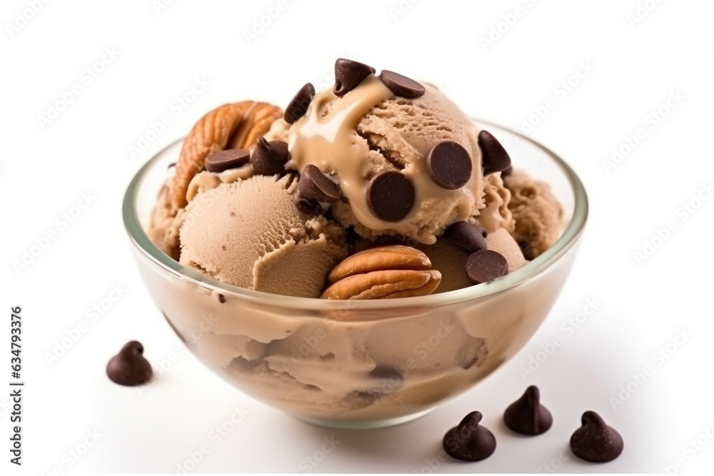 Chocolate ice cream almonds and chocolate Chips with wafer in the bowl isolated on white background.Generative Ai. Chocolate ice cream almonds and chocolate Chips with wafer in the bowl isolated on white background.Generative Ai.