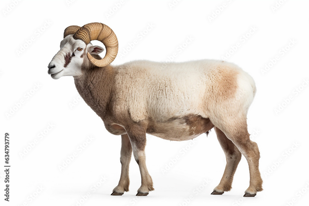 White ram isolated on white background.Generative Ai. White ram isolated on white background.Generative Ai.