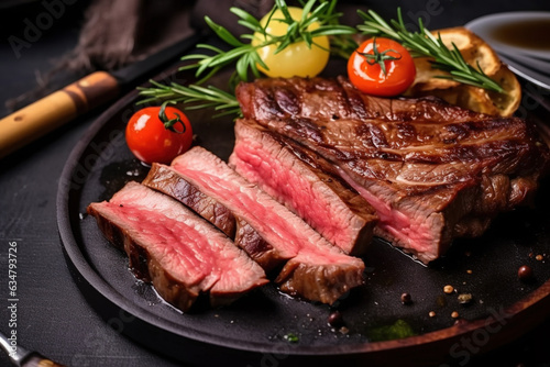 Grilled beef steak with seasoning and vegetables