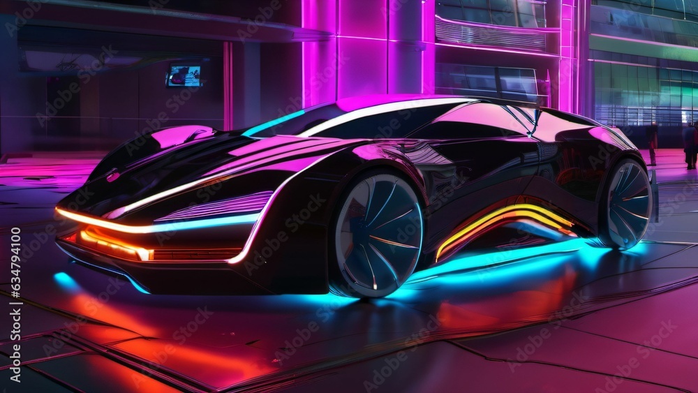 Futuristic concept car in ambient neon lighting