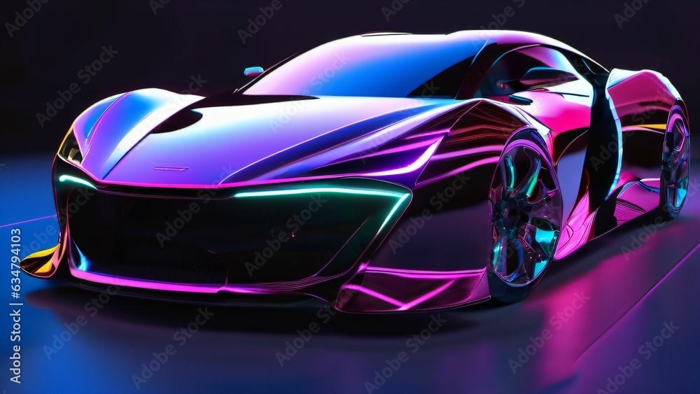 Futuristic concept car in ambient neon lighting