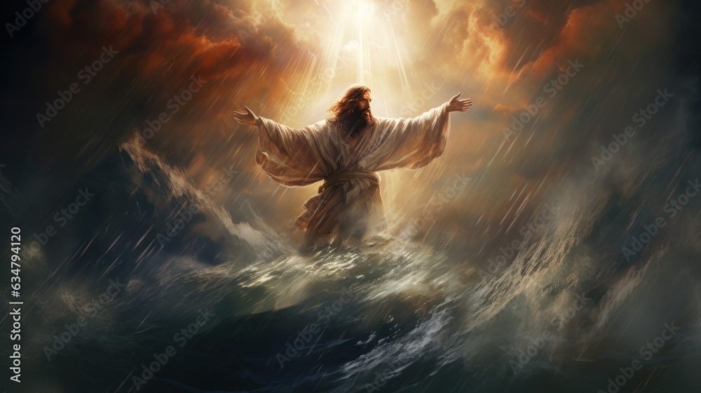 Jesus Commanding Jesus standing on top of the water commanding the waves Stock ...