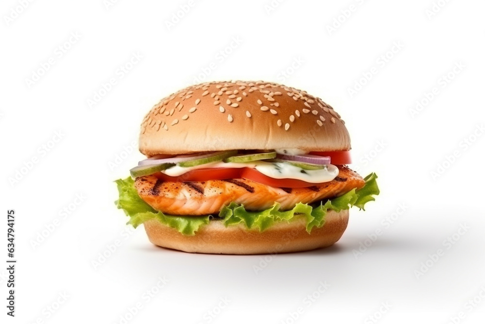 Burger salmon isolate on white background.Generative Ai. Burger salmon isolate on white background.Generative Ai.