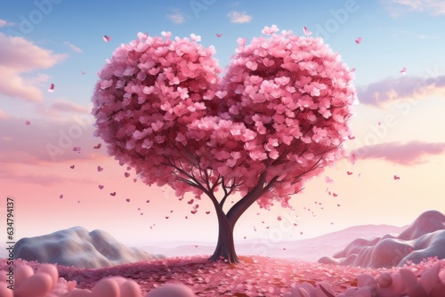 Photo of a stunning pink heart-shaped tree standing alone in a vast field created with Generative AI technology © AI Visual Vault