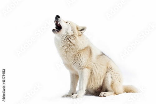Howling white wolf isolated on white background.Generative Ai.