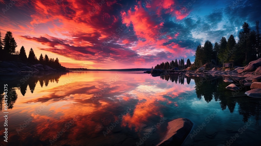  a beautiful sunset over a lake with a canoe in the foreground.  generative ai