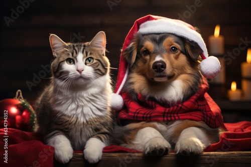 cat and dog in christmas hat