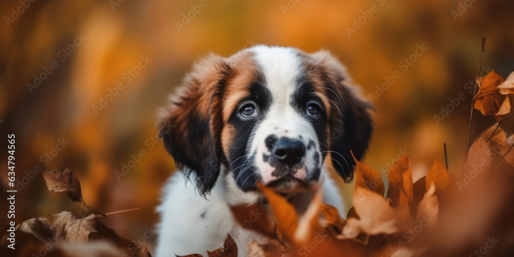 Portrait of a Saint Bernard Puppy. Saint Bernard Dog in fallen leaves in Autumn forest or park, copy space	