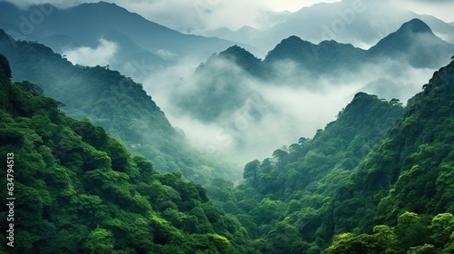  a mountain range covered in green trees and mist in the distance. generative ai