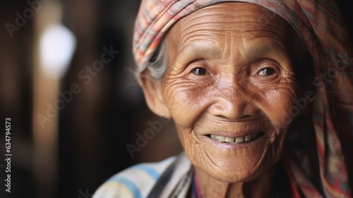 old woman in old age with wrinkles on her face, happy smile, content, glassy eyes and crooked teeth, headscarf towel, in simple little wooden house, fictional place