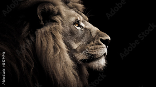 Beautiful lion profile portrait view isolated on black background. Closeup of the lion profile wallpaper. Generative AI