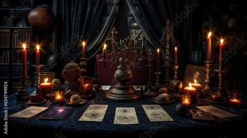  a table topped with lots of books and lit up candles.  generative ai © Olga