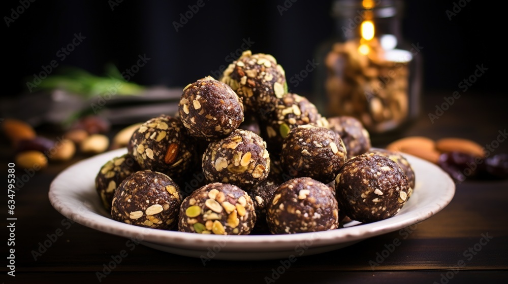 a white plate filled with nuts and chocolates on a table. generative ai a white plate filled with nuts and chocolates on a table. generative ai