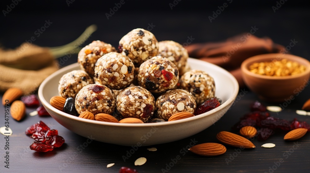 a bowl filled with nuts and raisins next to a bowl of cereal. generative ai a bowl filled with nuts and raisins next to a bowl of cereal. generative ai