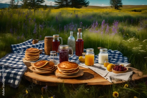 A whimsical pancake picnic in a picturesque meadow, complete with a checkered blanket, jam jars, and a syrup dispenser © Arqumaulakh50