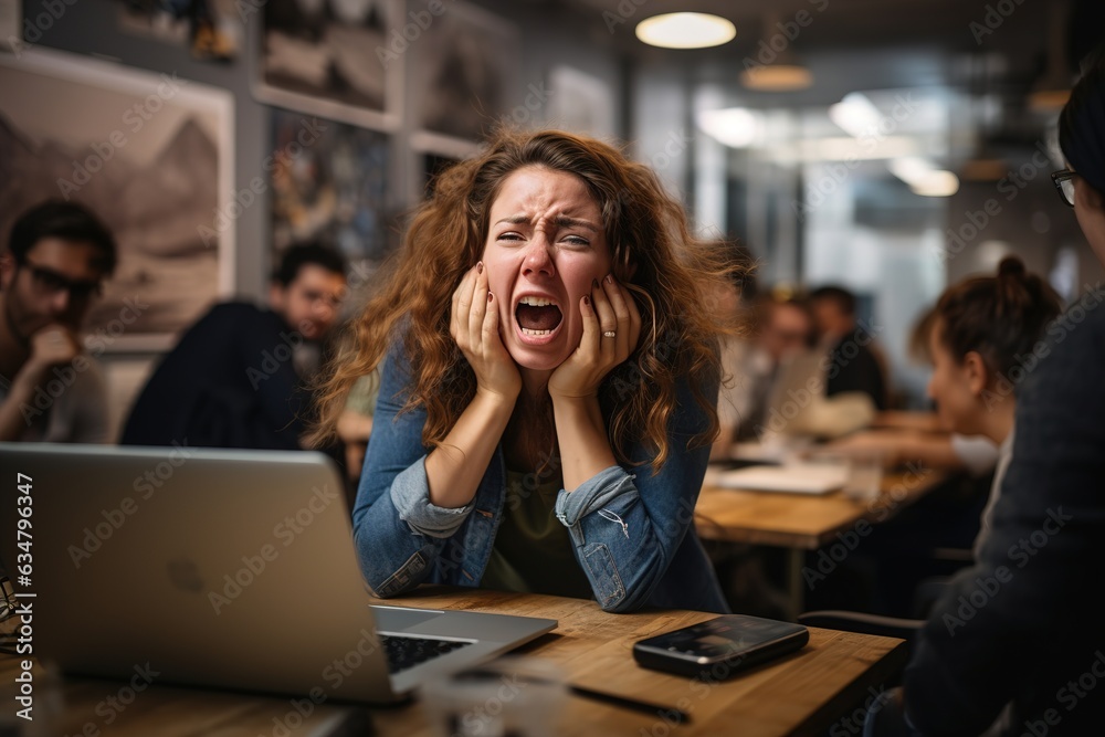 stress at work. Woman screaming in office stress at work. Woman screaming in office