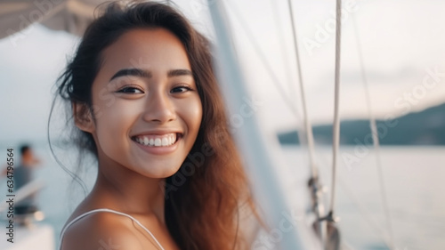 young adult woman on a yacht or ship or boat, luxurious, at sea, slim attractive, good mood on summer vacation, charter a yacht, going out to sea, tropical vacation, smiling, fictional location
