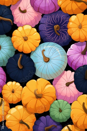 Seamless pattern with colorful pumpkins on black background. Halloween and autumn background.
