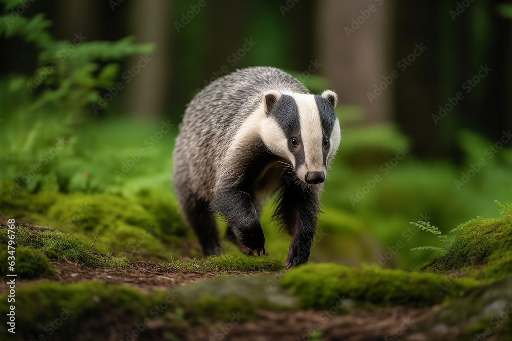 Fototapeta premium European badger walking in the forest.Generative Ai.
