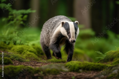 European badger walking in the forest.Generative Ai. © Inlovehem