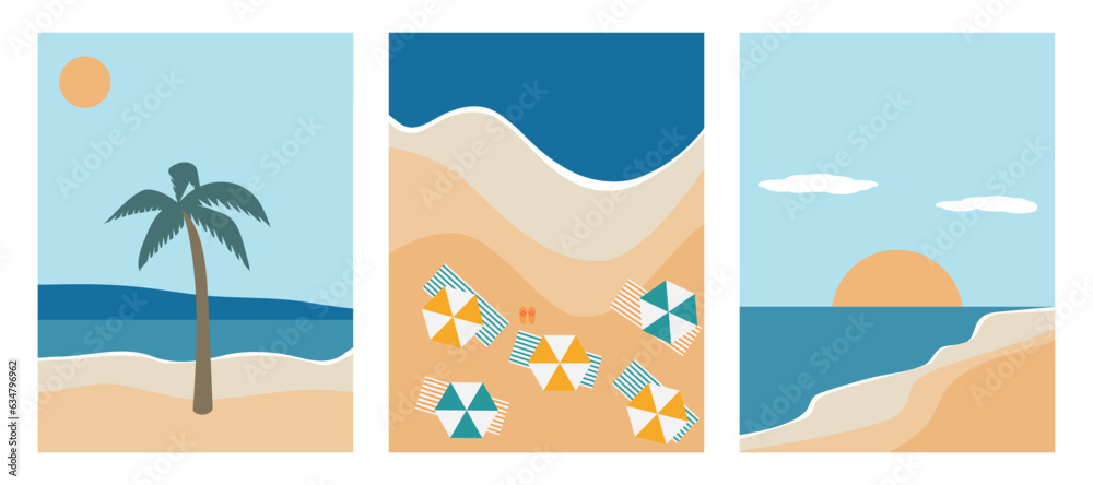 Set of abstract banners summer beach, palm trees, sea, sun, umbrellas. Vector illustration.	