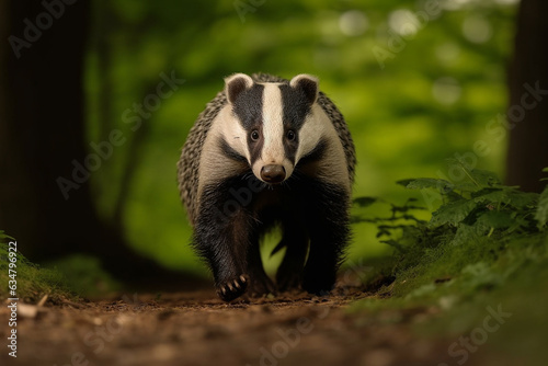 European badger walking in the forest.Generative Ai.