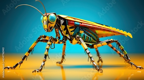  a close up of a colorful insect on a blue background.  generative ai © Olga