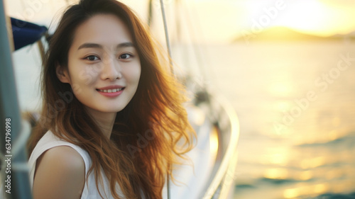 young adult woman on a yacht or ship or boat, luxurious, at sea, slim attractive, good mood on summer vacation, charter a yacht, going out to sea, tropical vacation, smiling, fictional location