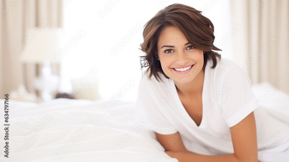mature adult attractive slim woman, 40s, at home in bed, sitting, new morning, relaxed and well rested or motivated and in a good mood, brunette caucasian mature adult attractive slim woman, 40s, at home in bed, sitting, new morning, relaxed and well rested or motivated and in a good mood, brunette caucasian
