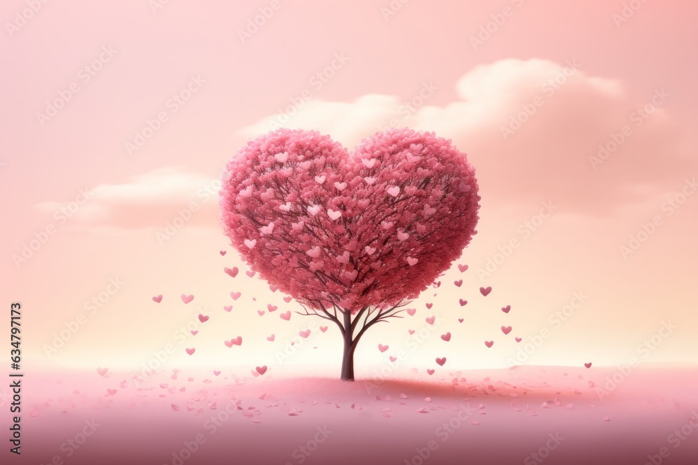 Photo of a stunning pink heart-shaped tree standing alone in a vast field created with Generative AI technology