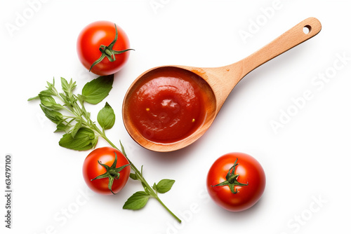 Tomato sauce in the wooden spoon isolated on white background.Generative Ai.