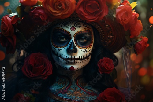 Mexican catrina. Dia de los muertos. Day of The Dead. Woman with sugar skull makeup. Halloween.