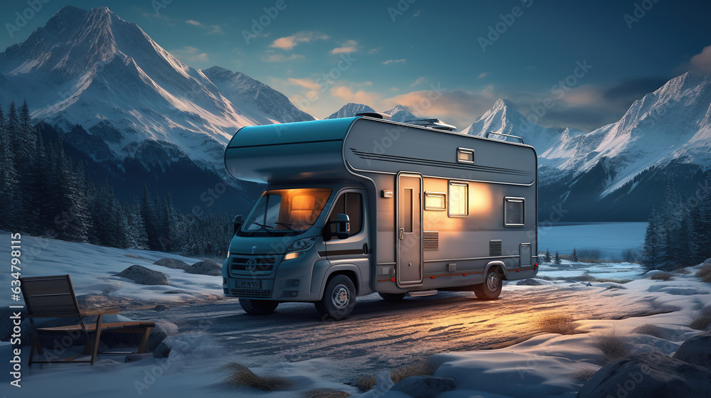 Mountain Wonderland, Embracing the Magic of Winter Holidays in a Camper. Generative AI
