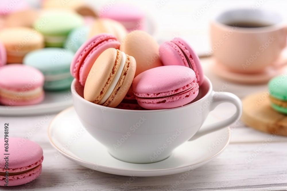 Colorful macarons on white wooden background .Generative Ai. Colorful macarons on white wooden background .Generative Ai.