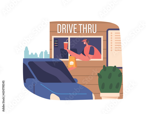 Customer Character Quickly Order And Collect Food Without Leaving The Cars At The Fast-food Drive-thru, Vector