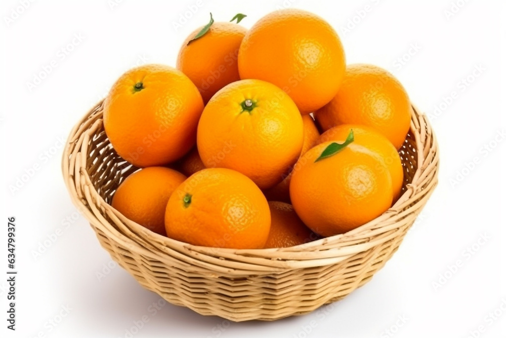 Orange in wicker basket isolated on white background.Generative Ai. Orange in wicker basket isolated on white background.Generative Ai.