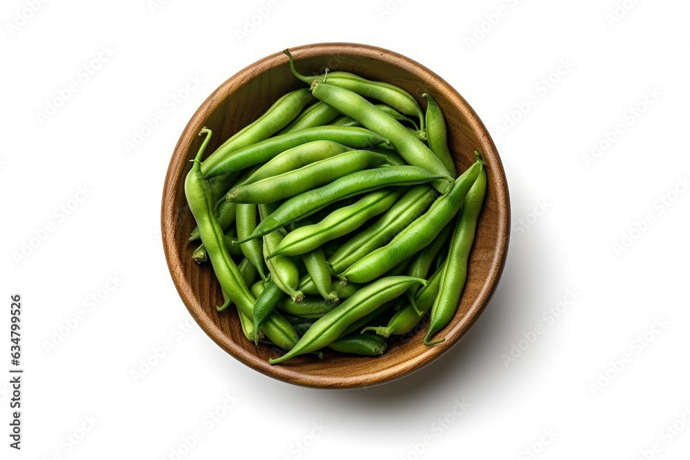 Longbeans in wooden bowl isolated on a white background.Generative Ai. Longbeans in wooden bowl isolated on a white background.Generative Ai.