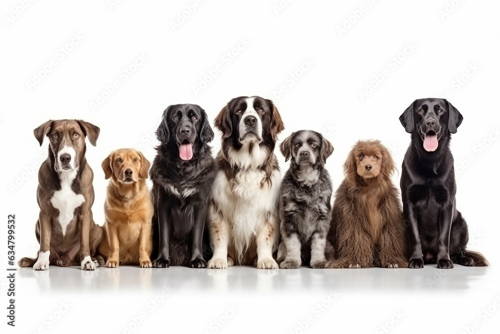 Group of portrait dog on white background.Generative Ai.