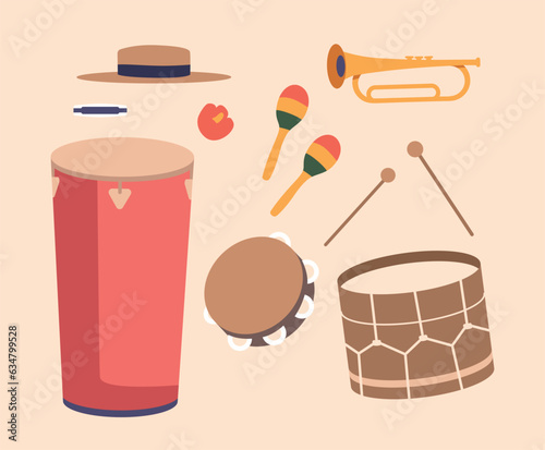 Latino Music Icons Set. Hat, Drum With Sticks, Harmonica And Tambourine With Maracas And Trumpet. Isolated Elements