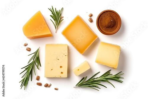 Cheese And Rosemary on white background.Generative Ai.