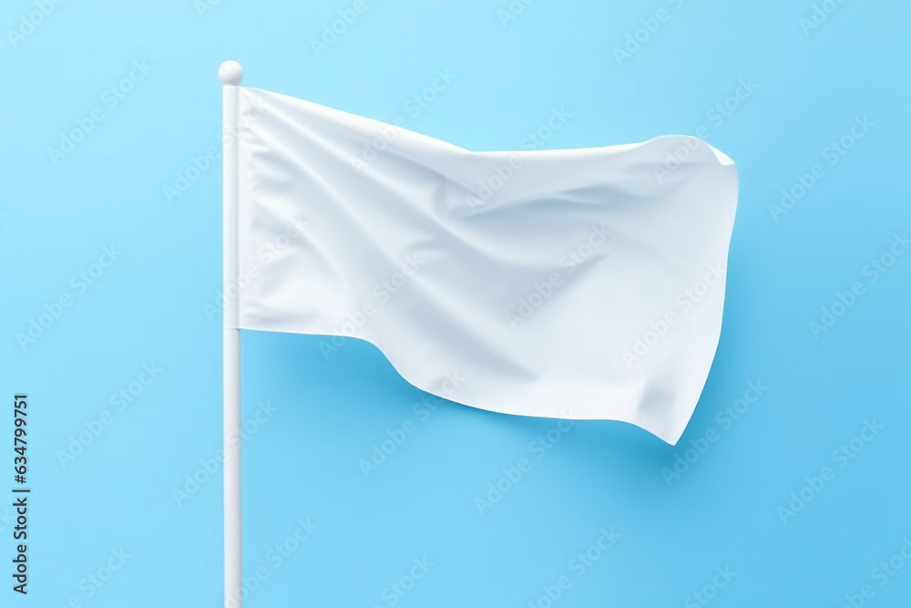 White flag waving isolated on blue pastel background.Generative Ai. White flag waving isolated on blue pastel background.Generative Ai.