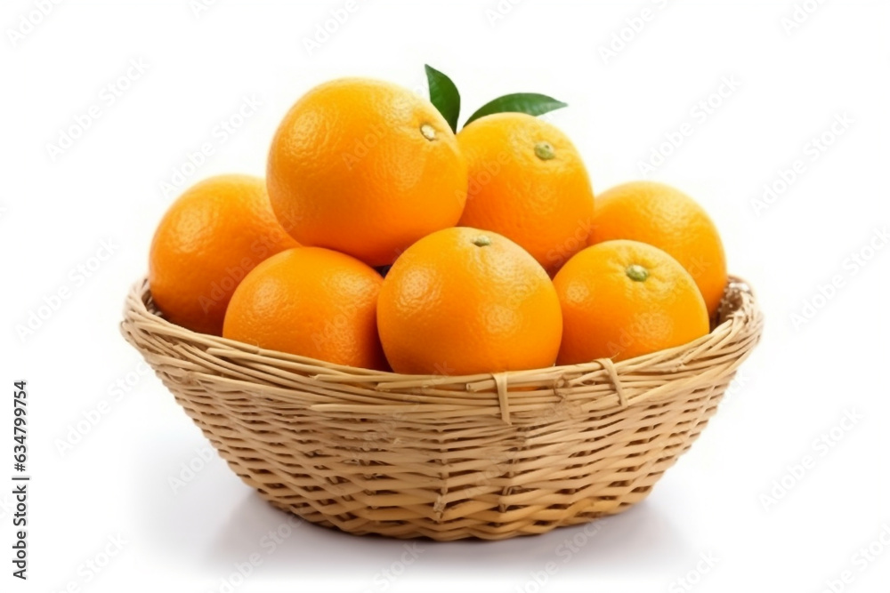 Orange in wicker basket isolated on white background.Generative Ai. Orange in wicker basket isolated on white background.Generative Ai.