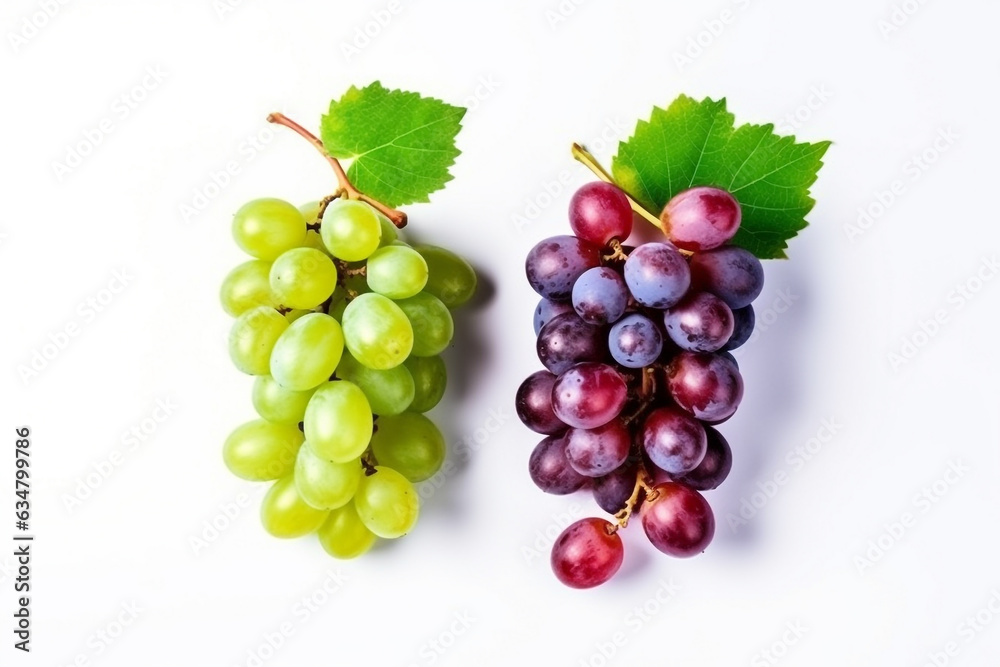 Mix of grapes with leaves isolated on the white background.Generative Ai. Mix of grapes with leaves isolated on the white background.Generative Ai.