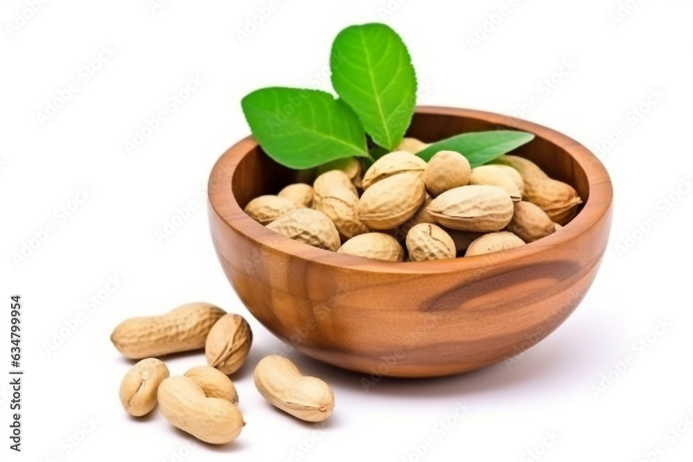 Peanuts  in wooden bowl isolated on white background.Generative Ai.