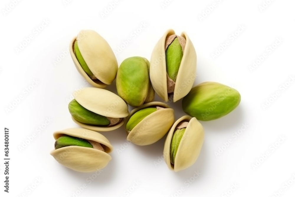Pistachio and leaf isolated on white background .Generative Ai. Pistachio and leaf isolated on white background .Generative Ai.