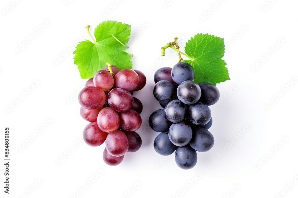 Mix of grapes with leaves isolated on the white background.Generative Ai. Mix of grapes with leaves isolated on the white background.Generative Ai.
