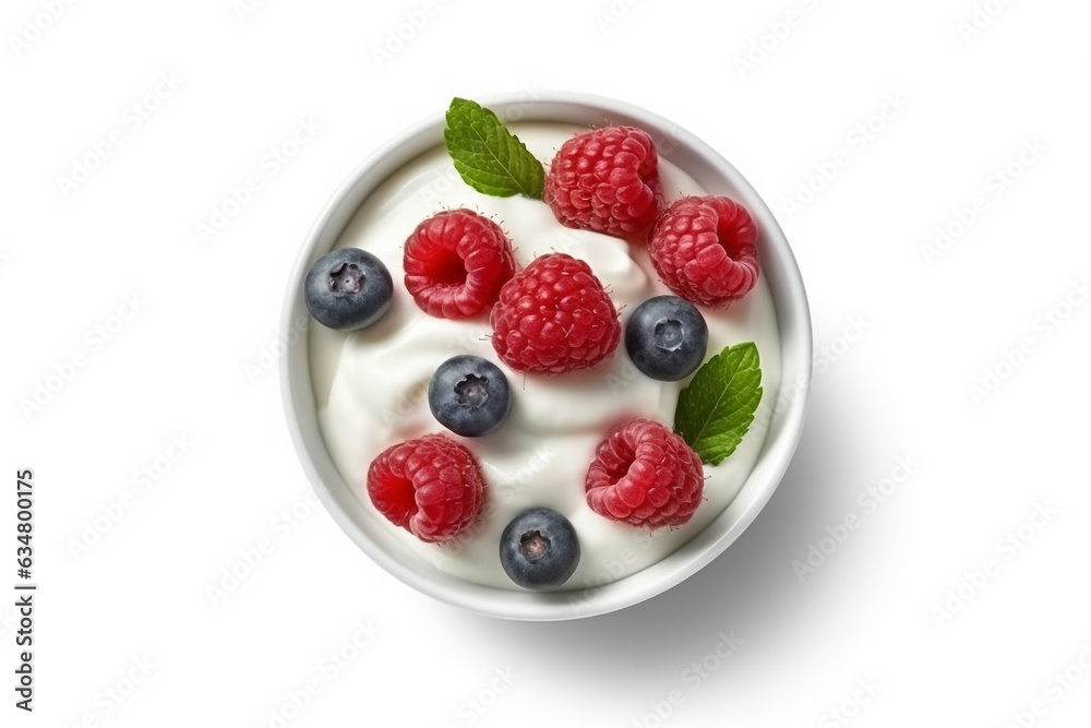 Yogurt and berries isolated on white background.Generative Ai. Yogurt and berries isolated on white background.Generative Ai.