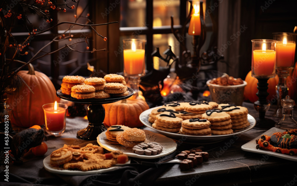 A luxurious selection of Halloween cookies and treats over the table of an elegant home.