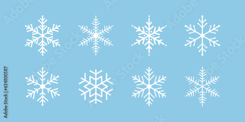 Snowflake variations icon collection. Snowflakes white ice crystal on blue background. Winter symbol. Christmas logo sign