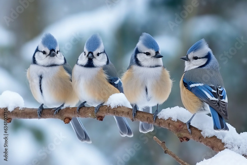 Titmouse birds on branch  with snow winter.Generative Ai.